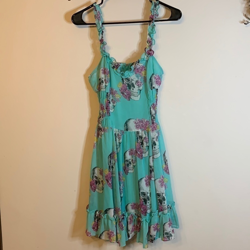 Royal Bones Turquoise Floral Skull Ruffle Dress